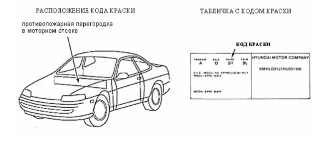 Расположение кода краски на Hyundai